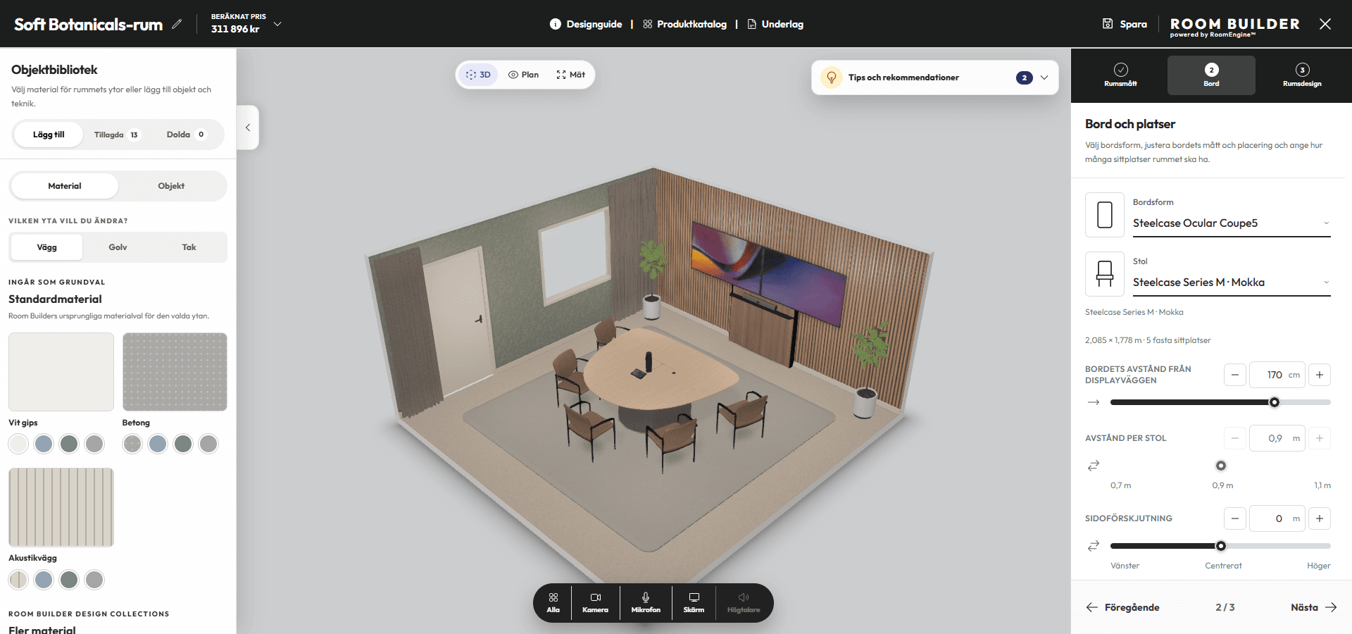 Room Builders gränssnitt med Soft Botanicals i 3D, rumskontroller och Room Engines tips och rekommendationer