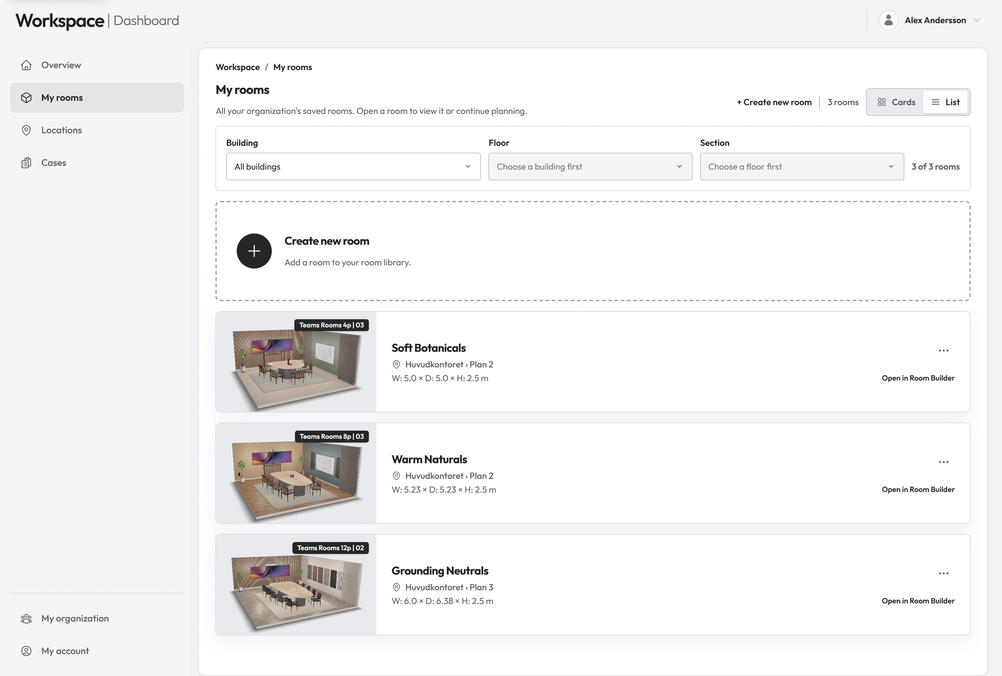 Workspace with saved example rooms, room images, technology packages and dimensions. Open a room to continue in Room Builder.